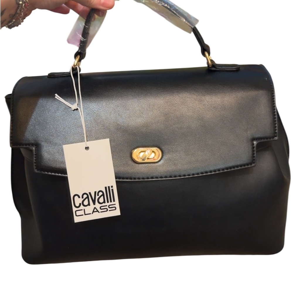 Cavalli Class Black Satchel with Gold Accent
